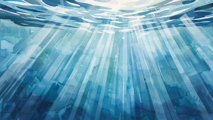 Abstracte diepe waterlagen met lichtstralen die door het water vallen, weergegeven in zachte blauwe en grijze tinten